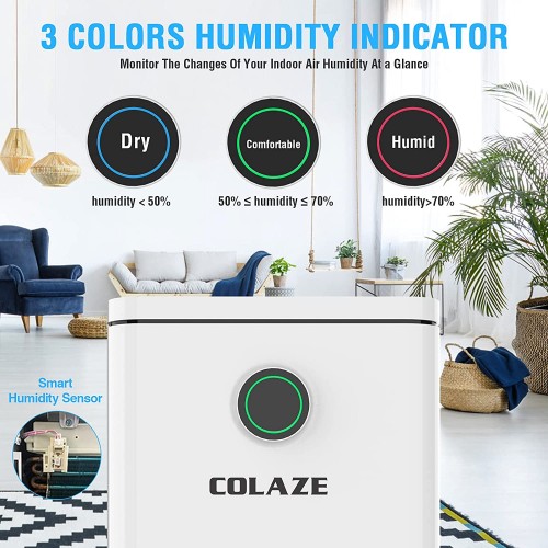 3-color Humidity Indicator and Auto Defrost 0.66 Gallon Water Tank Capacity COLAZE 2000 Sq Dehumidifier with Drain Hose 24Hr Timer Ft 30 Pints Dehumidifier for Home and Basements