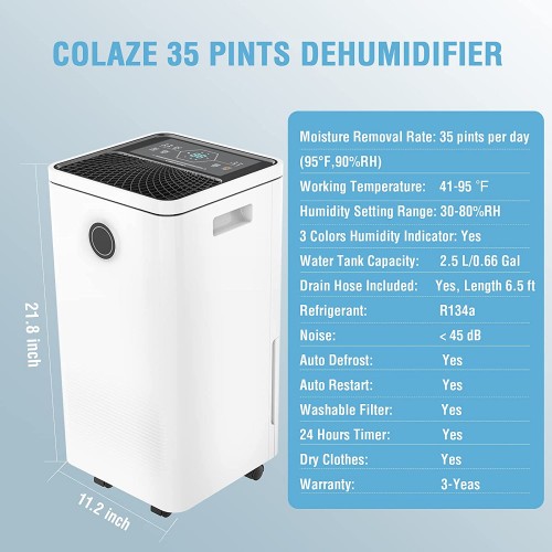 COLAZE 35 Pints 2000 Sq. Ft Dehumidifier for Home Basements Bedroom Garage